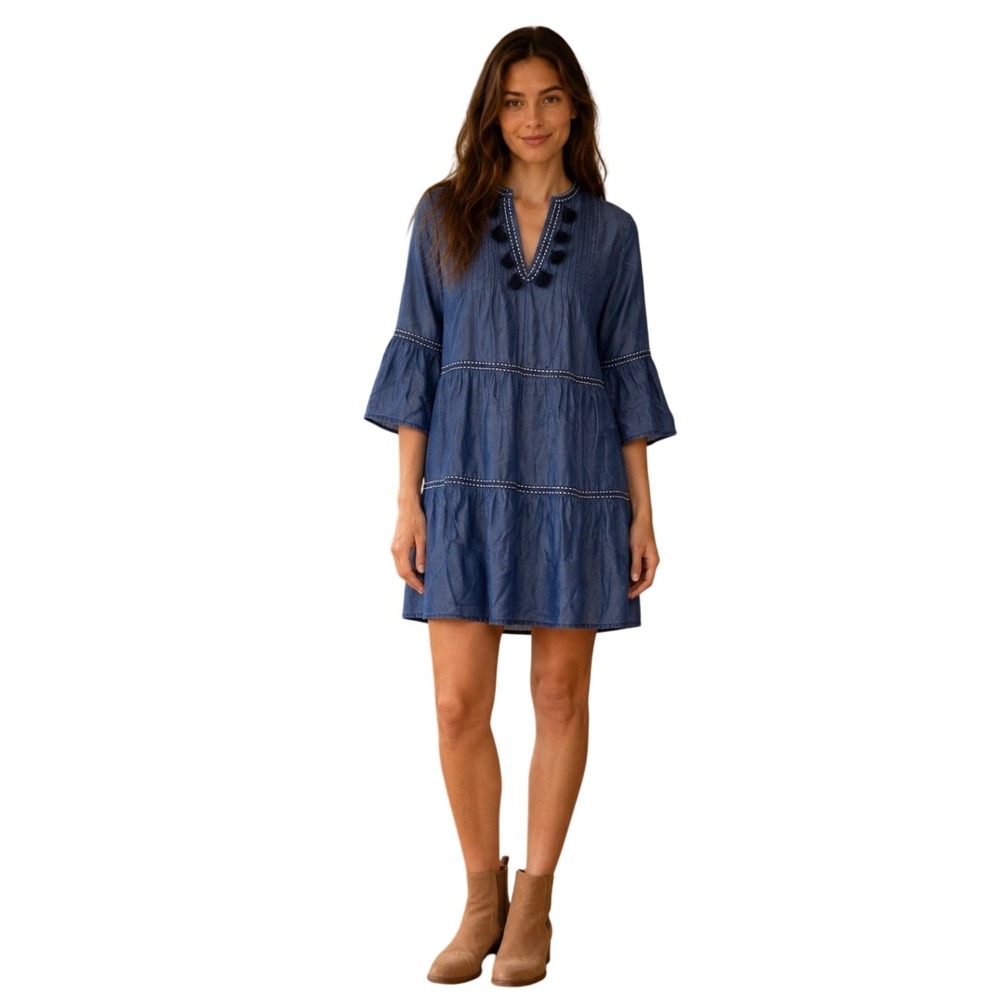 Tommy Bahama Women Blue Tencel Tiered Shift Dress Tassels XS SS500340